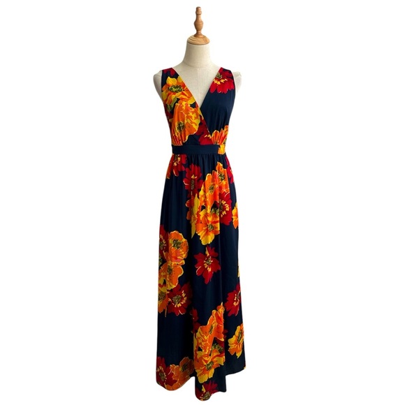 Ellen Tracy Multi Floral Red Yellow Orange Navy Sleeveless Maxi Dress Size 6 - Picture 10 of 10